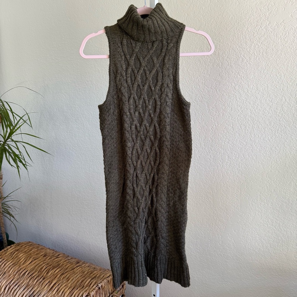 American Eagle Sweater Dress Dark Green Cable Knit Turtleneck Wool Blend XS Prep